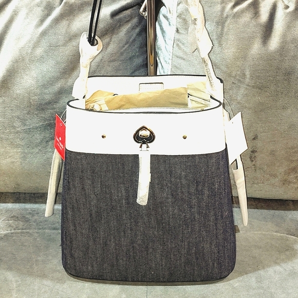 NWT KATE SPADE NEW YORK "MARTI" NAVY DENIM & WHITE LEATHER BUCKET SHOULDER BAG - Picture 4 of 16